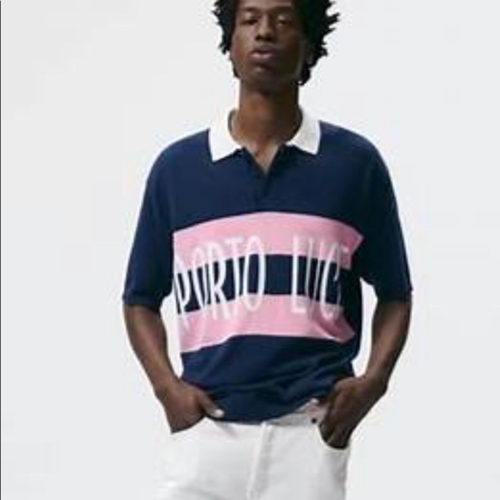 Zara Men’s V Neck “Porto Luce” Knit Short sleeve Polo Shirt NWT